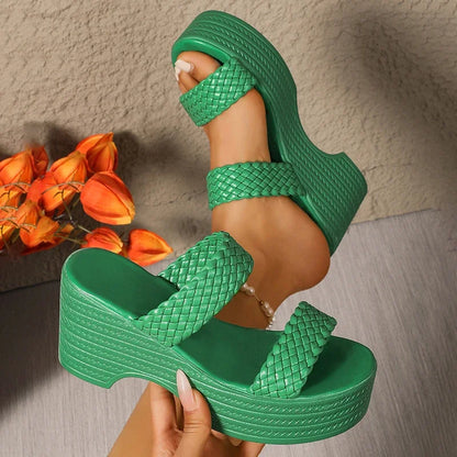 2025 vert talon compensé tissé sandales femmes grande taille grosse plate-forme pantoufles femme été semelle épaisse diapositives chaussures femme 42