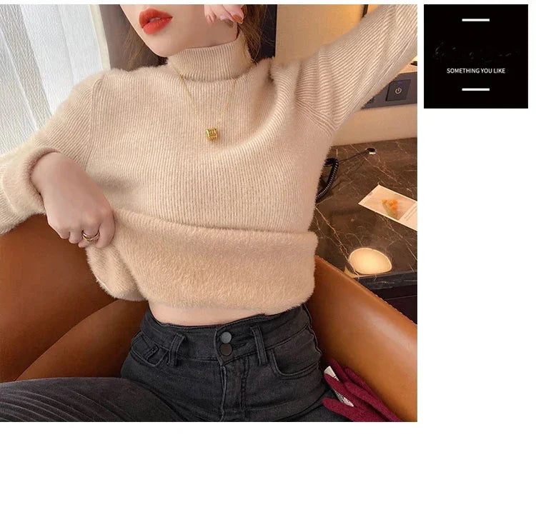 Automne hiver épais Pull femmes tricoté côtelé Pull Pull à manches longues col roulé mince Pull doux chaud Pull Femme 2025