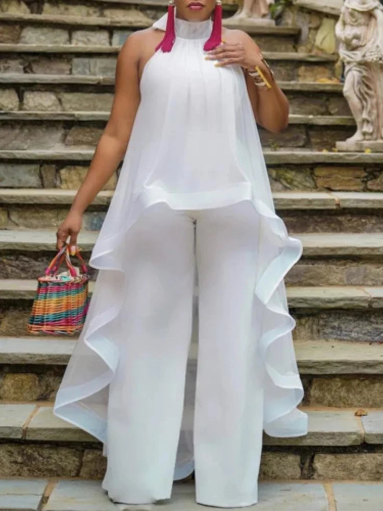 Ensemble 2 pièces en mousseline de soie pour femme, blouse longue, dos nu, pantalon blanc, jambes larges, fête, vacances, plage, été