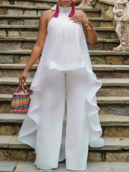 Ensemble 2 pièces en mousseline de soie pour femme, blouse longue, dos nu, pantalon blanc, jambes larges, fête, vacances, plage, été