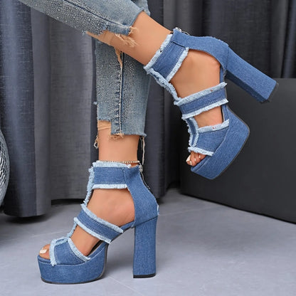 Sandales Peep Parker à talons hauts pour femmes, chaussures à plateforme, sangle de rinçage en denim bleu, mode extérieure sexy, été, nouveau