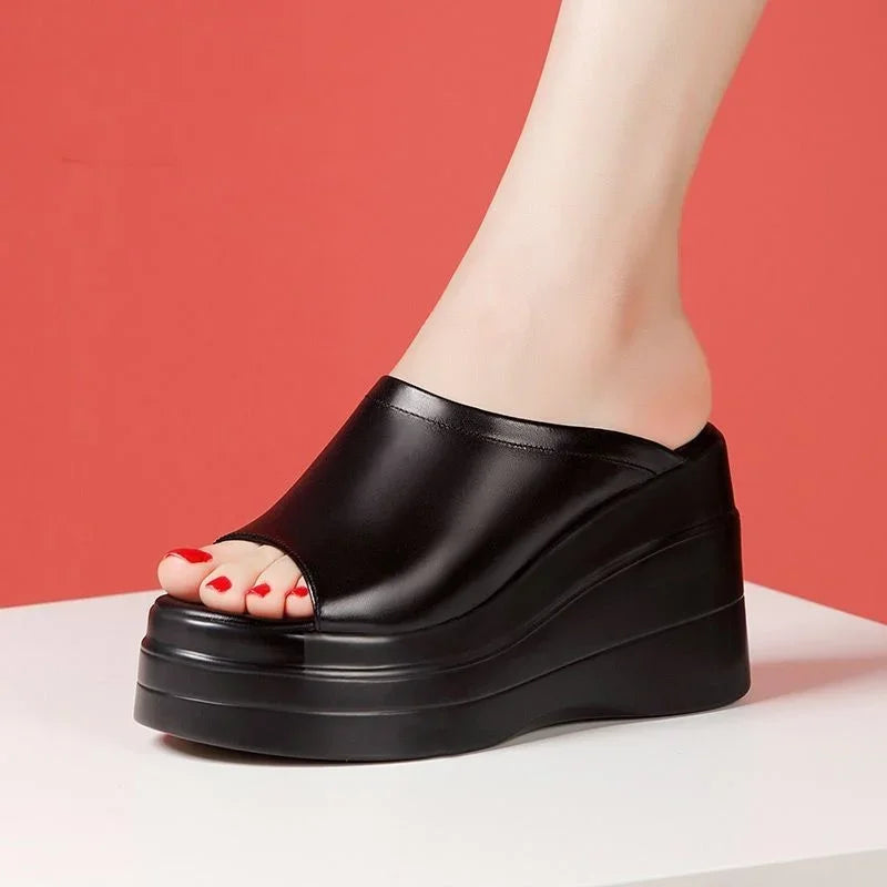 Chaussures confortables à plateforme épaisse de 9.5cm, petite taille 32-43, pantoufles en cuir véritable, talons hauts 2025, diapositives à semelles compensées, modèle de bureau