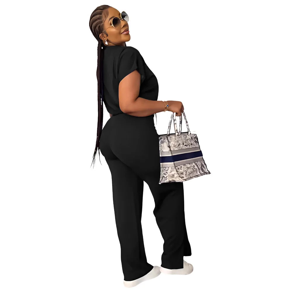 Femmes décontracté col rond cordon à manches courtes haut et taille haute pantalon ensemble été solide deux pièces costume ensembles tenues ensemble femme