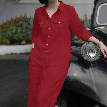 Ensemble chemise et pantalon pour femmes, élégant, col à revers, manches longues, mode automne, tenues, pantalons de travail solides, costumes, survêtement, 2 pièces