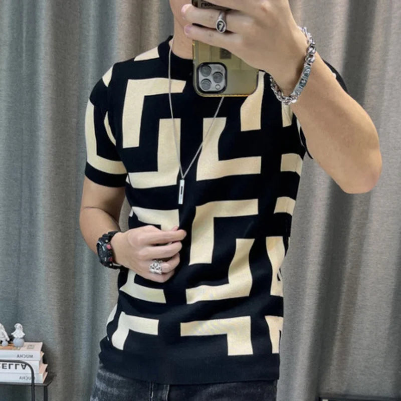 Polo BS été nouveaux hommes mince Vintage à manches courtes tricot t-shirt rayé imprimé col rond graphique t-shirts pour hommes Camiseta Masculina