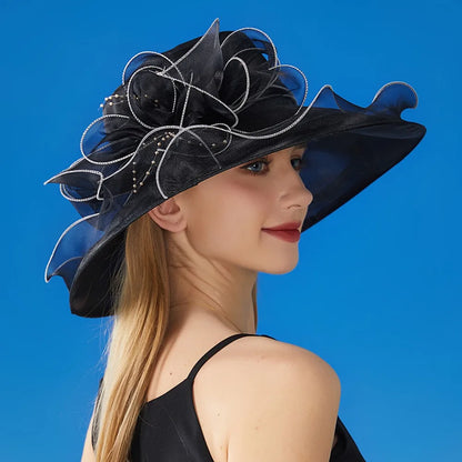 Chapeau Derby à fleurs de couleur unie pour femmes, en Organza à large bord, à volants, chapeau de soleil pliable, Protection UV, pour fête de thé, mariage