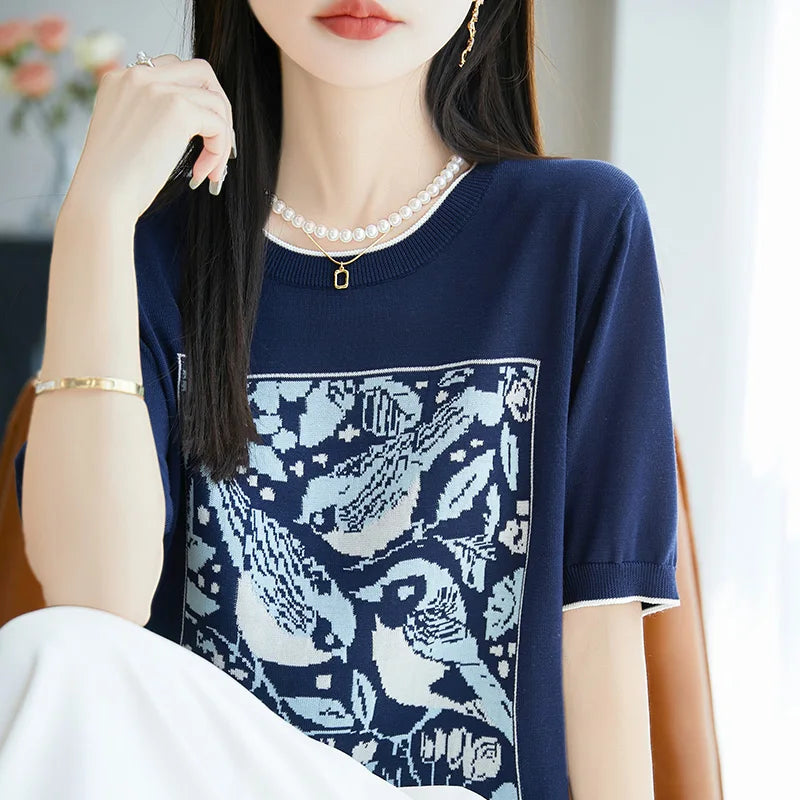 2025 été nouveau 100% Lyocell femmes à manches courtes décontracté col rond jacquard dessin animé T-shirt lâche hauts en tricot pull t-shirts cool