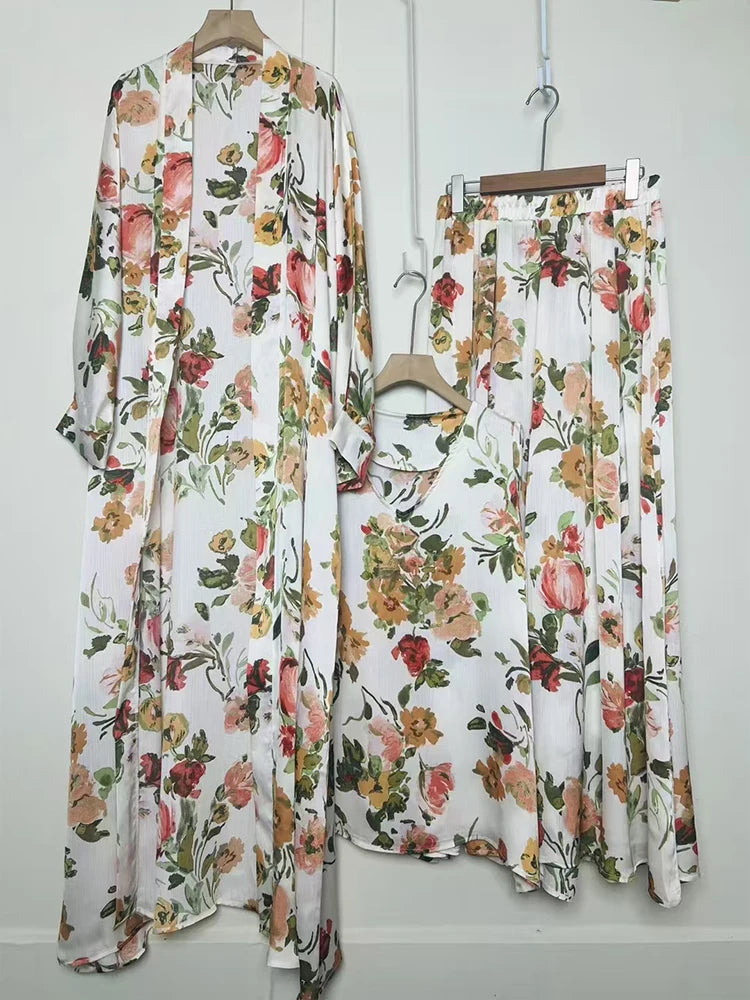 Cardigan long imprimé géométrique rétro, ensemble trois pièces, pull ample + jupe à jambes larges, costume à la mode pour femmes, été 2025