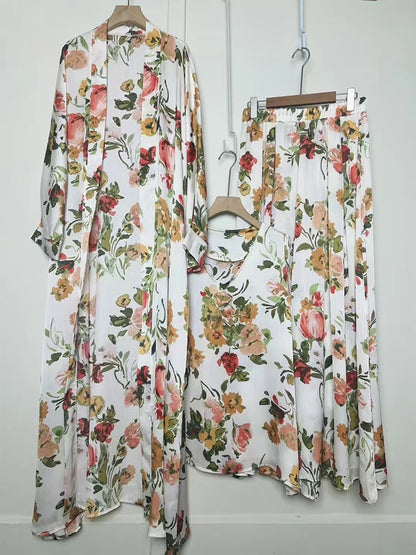 Cardigan long imprimé géométrique rétro, ensemble trois pièces, pull ample + jupe à jambes larges, costume à la mode pour femmes, été 2025