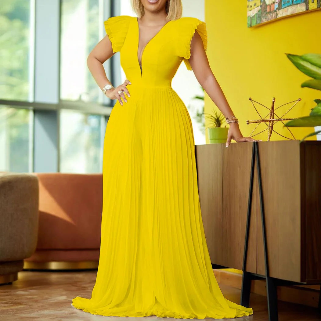 Combinaison élégante en maille patchwork plissée pour femme, jambe large, taille haute, col en V, manches évasées, combishort de fête, été 2022