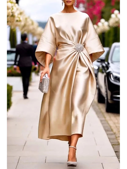 Robe d'invité de mariage élégante pour femmes, Champagne, col rond évasé, manches 3/4, nœud à paillettes, robes mi-longues en Satin pour soirée Cocktail