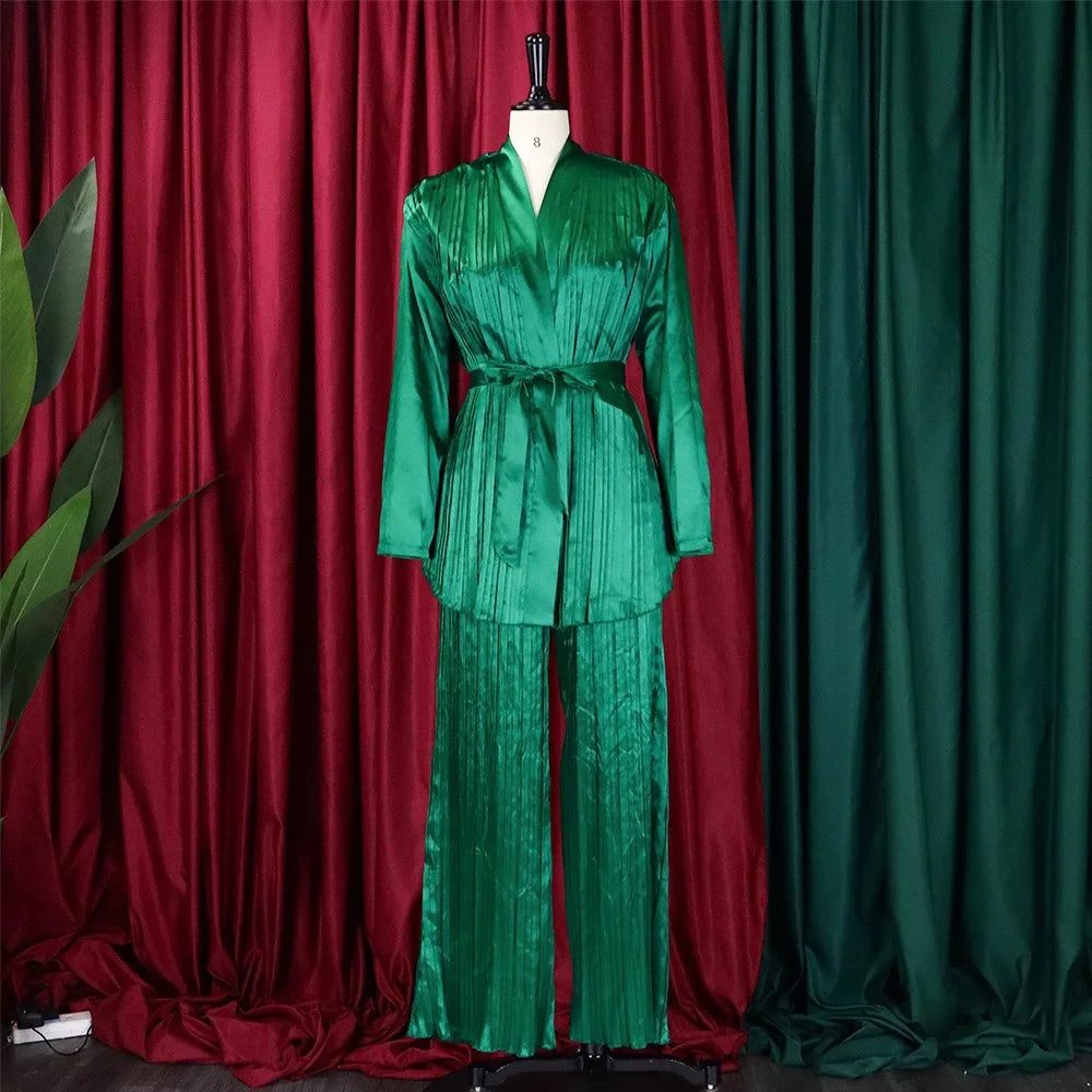 Ensemble deux pièces pour femmes africaines, mode d'été ample et plissé, chemise élégante à lacets OL, jambes larges, pantalon plissé