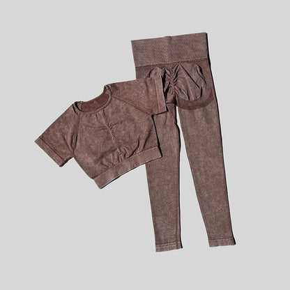 Ensemble de sport de lavage pour femmes, combinaison sans couture, haut de Fitness à manches courtes avec froissés sur les fesses, Leggings d'entraînement, vêtements de gymnastique