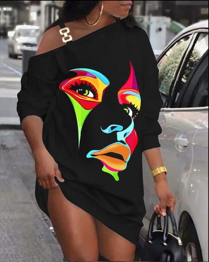 Mini robe imprimée décontractée pour femmes, mode, coupe ample, col diagonale ajouré, manches longues, robes de soirée courtes, Club, automne