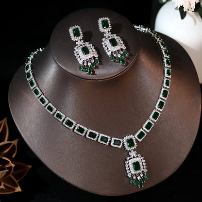 ASNORA nouveau luxe vert bleu rouge CZ pierre boucles d'oreilles collier 2 pièces grande longue goutte mariage robe de mariée ensemble de bijoux pour les femmes