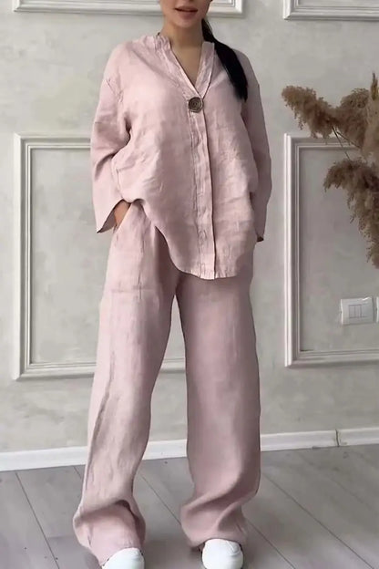 Ensemble deux pièces en coton et lin pour femmes, confortable, ample, haut, pantalon à jambes larges, décontracté, à la mode, costumes, tenues de printemps et d'été