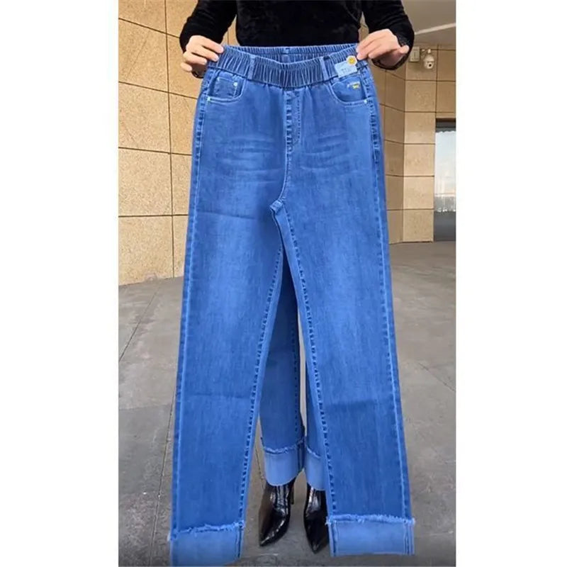 Jean femme d'âge moyen printemps automne taille extensible pantalon en Denim droit grande taille ample taille haute décontractée noir bleu pantalon