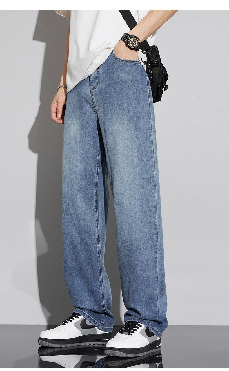 Jean Baggy d'été pour hommes, Baggy, drapé doux, ample, confortable, jambes larges, pantalon en soie glacée, rétro, élastique, décontracté, Denim