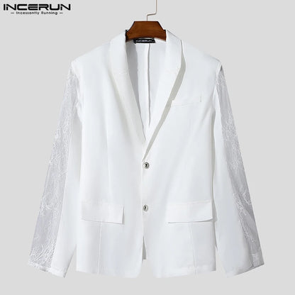 INCERUN hauts 2024 Style américain mode hommes Perspective dentelle épissage conception costume manteaux décontracté solide à manches longues Blazer S-5XL