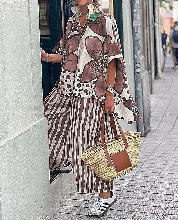 2025 femmes décontracté nouvelle impression ample deux pièces ensembles 2025 printemps et été revers manches courtes ensemble femme mode 2 pièces ensemble