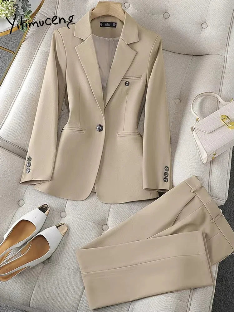 Costume Blazer Bleu Décontracté pour Femme, Tenue de Bureau, Manches sulf, Veste à Bouton Unique, Ensemble 2 Pièces, Chic, Mode, Pantalon, Élégant