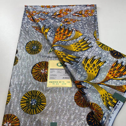 Tissu africain en cire de coton, très bonne qualité, nouvelle grande cire Ankara brillante Pagne, couleur grise, brillant doré, trucs Batik, 6 mètres