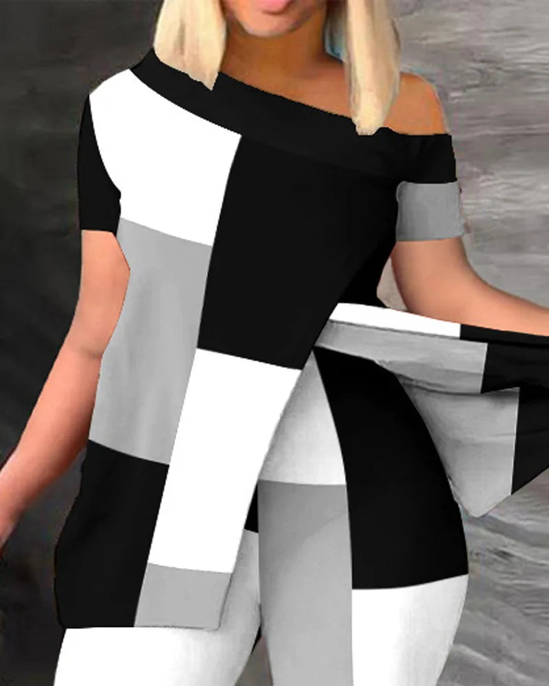 Ensemble deux pièces élégant pour femmes, nouvelle mode, imprimé, manches à volants, haut, pantalon de couleur unie, avec ceinture, chemisiers, vêtements féminins