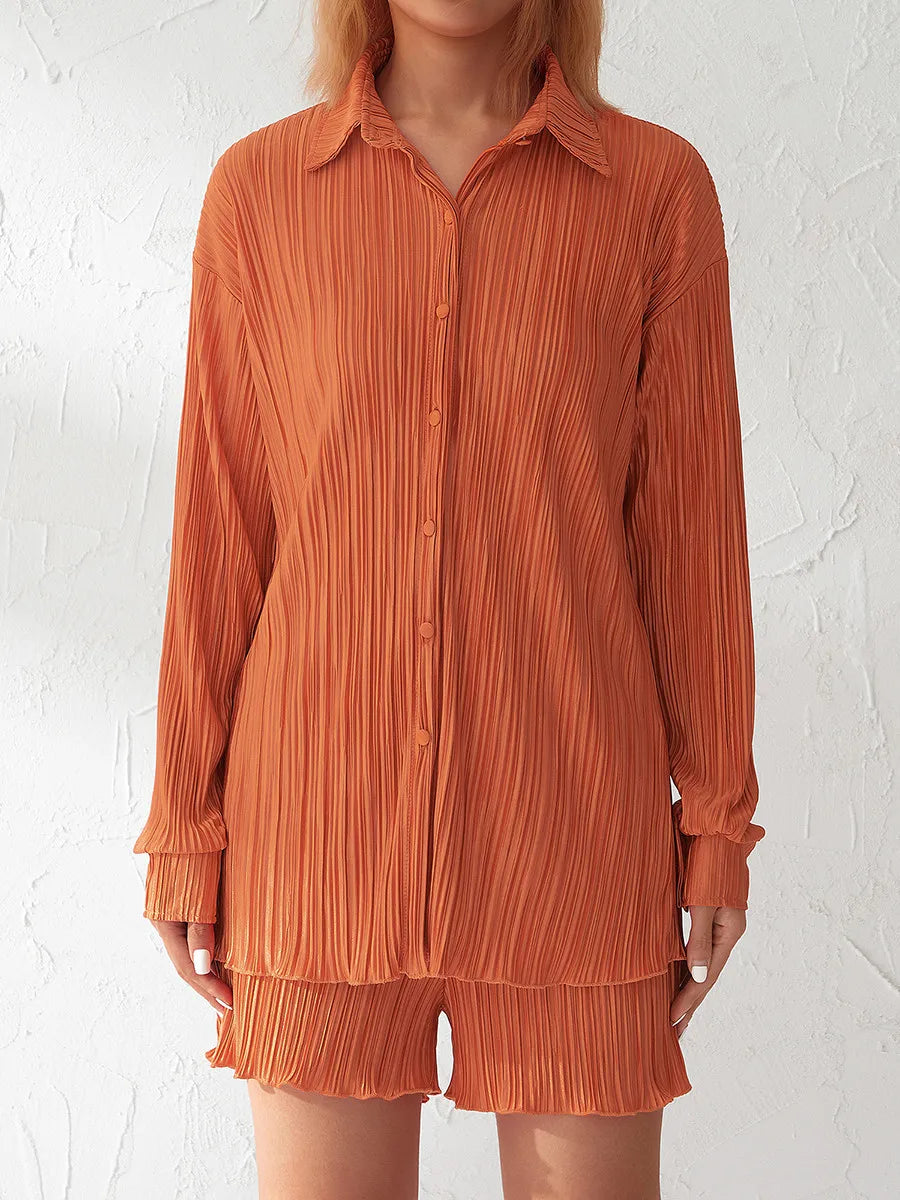 Ensemble de vêtements décontractés pour femmes, chemise froncée à manches longues, boutonnée et short, 2 pièces