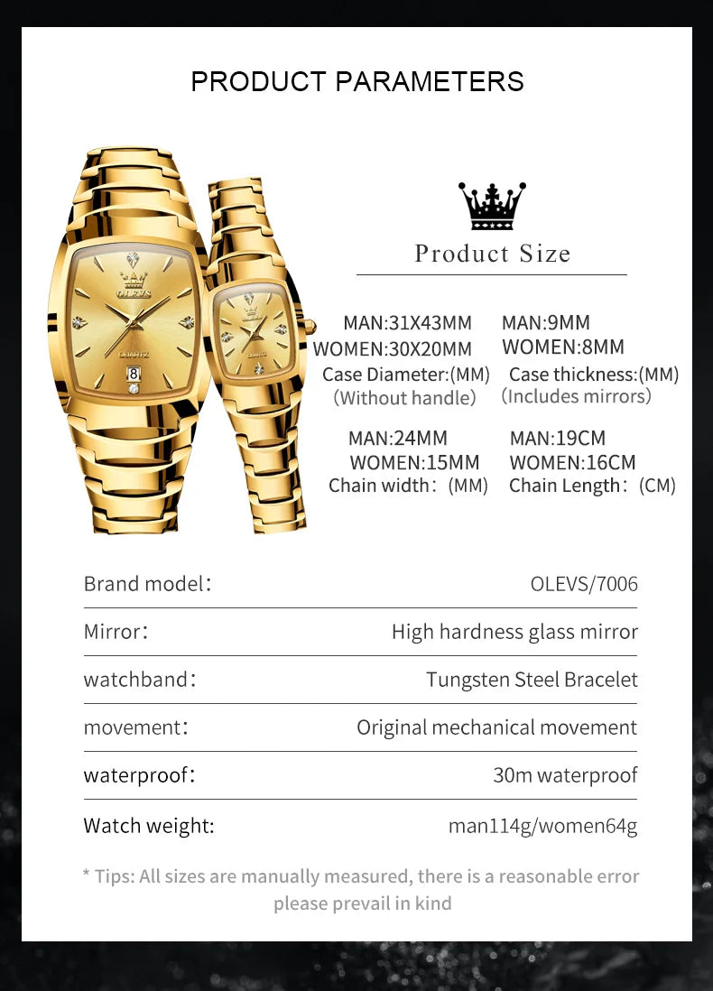 OLEVS-Montre de couple en acier au tungstène Tonneau pour hommes et femmes, marque de luxe, montre à quartz pour amoureux, montre-bracelet étanche, 7006