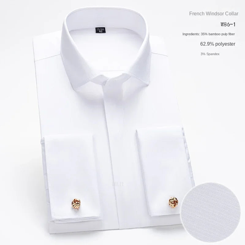Chemise à manches longues pour hommes, Niche Chic, manches doubles pliées, col Windsor, robe de haute qualité, boutons de manchette français aléatoires, 2024