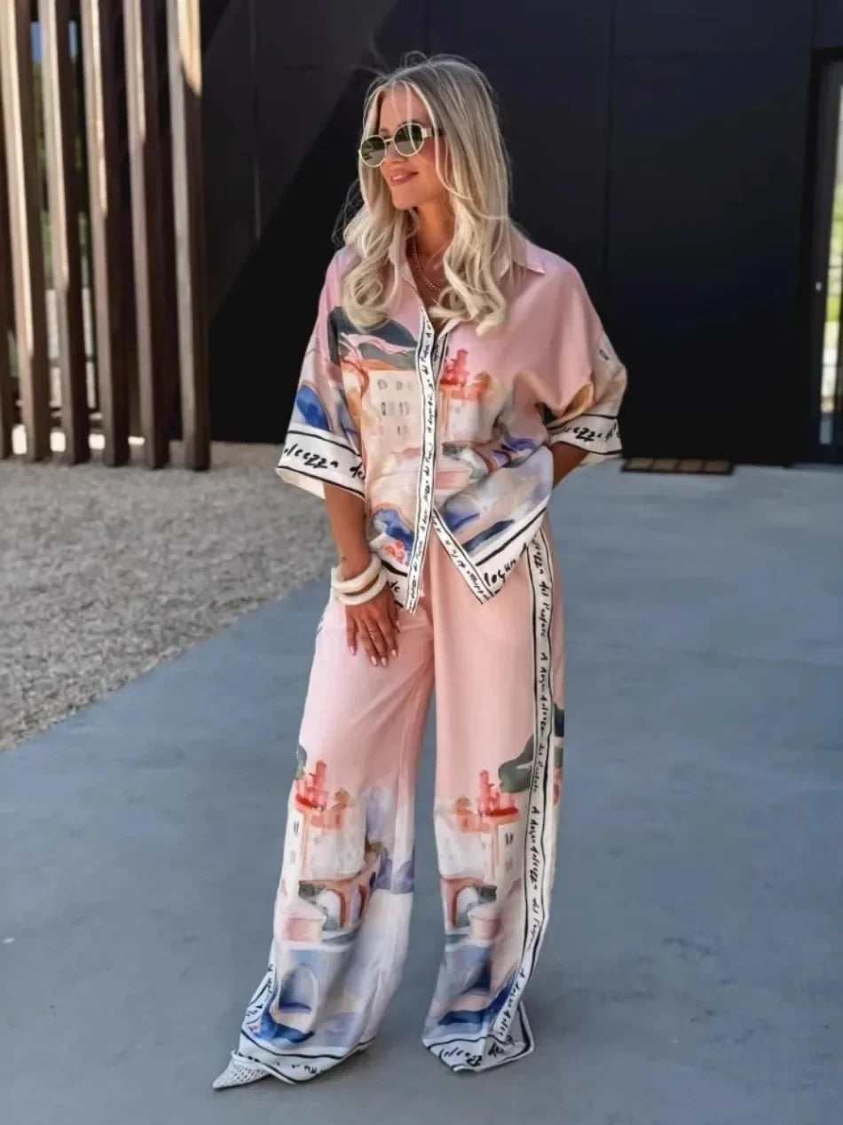 2 pièces ensemble pour femme été nouveau élégant imprimé demi manches chemise hauts costumes à la mode décontracté ample jambe large pantalons ensembles