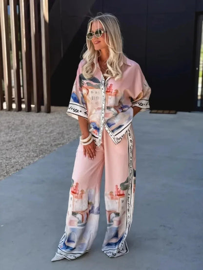 2 pièces ensemble pour femme été nouveau élégant imprimé demi manches chemise hauts costumes à la mode décontracté ample jambe large pantalons ensembles