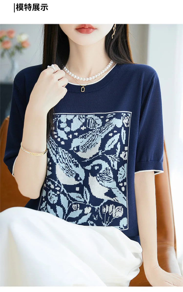 2025 été nouveau 100% Lyocell femmes à manches courtes décontracté col rond jacquard dessin animé T-shirt lâche hauts en tricot pull t-shirts cool