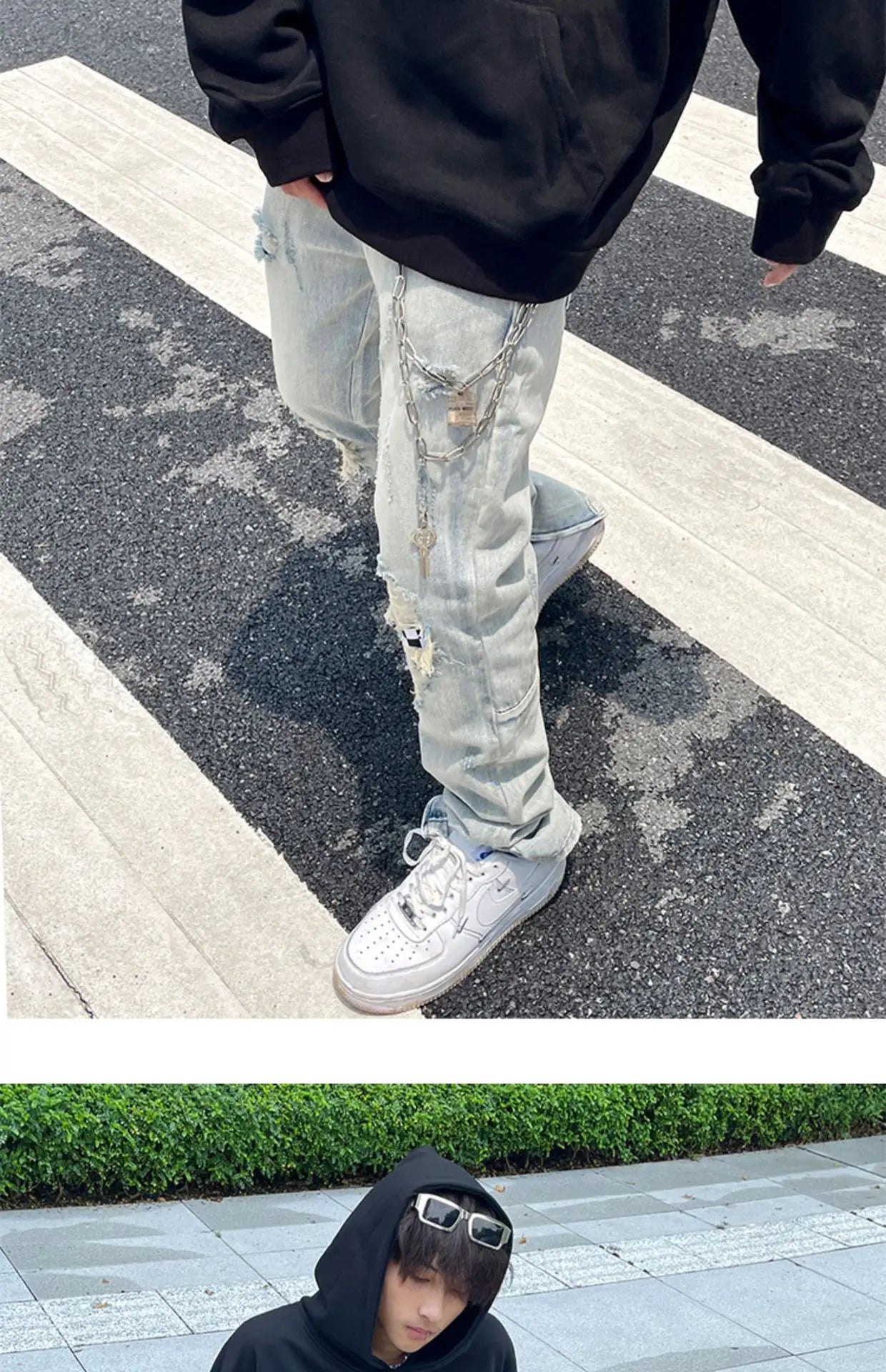 Jean à jambes larges pour homme et femme, streetwear, décontracté, déchiré, troué