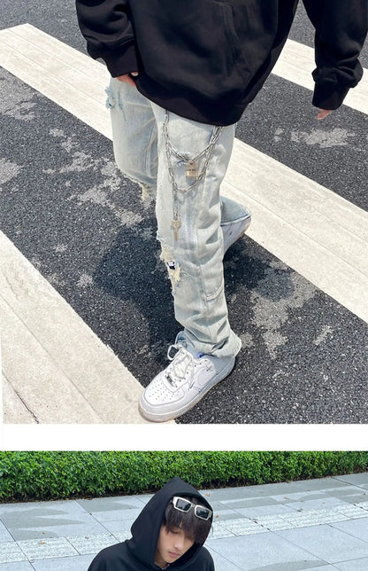 Jean à jambes larges pour homme et femme, streetwear, décontracté, déchiré, troué