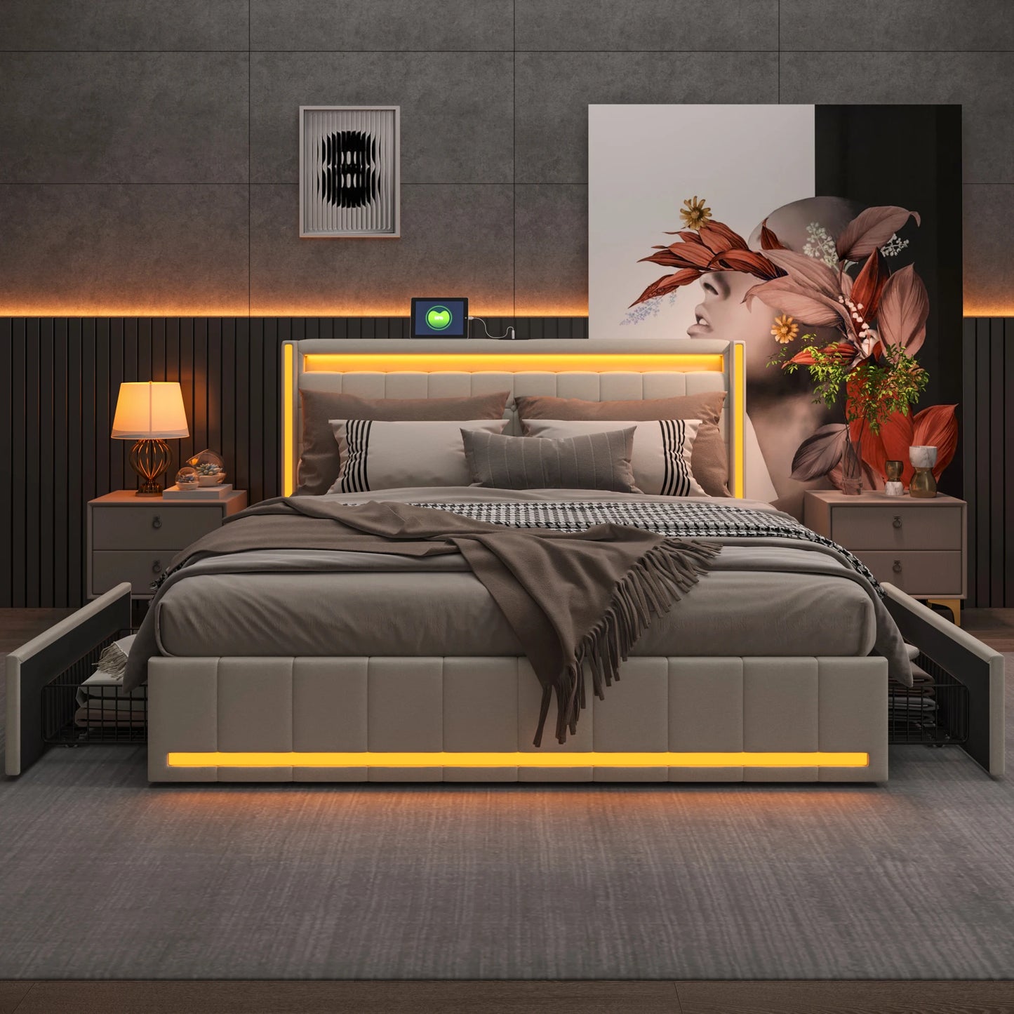 Lit capitonné 140/160x200 cm, tête de lit avec éclairage LED et fonction de chargement USB, lit double avec 4 tiroirs, lit fonctionnel