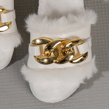 Pantoufles poilues avec boucle en métal pour femmes, nouvelle marque de luxe, pantoufles à chaîne, sandales de maison, pantoufles à la mode, automne/hiver 2024