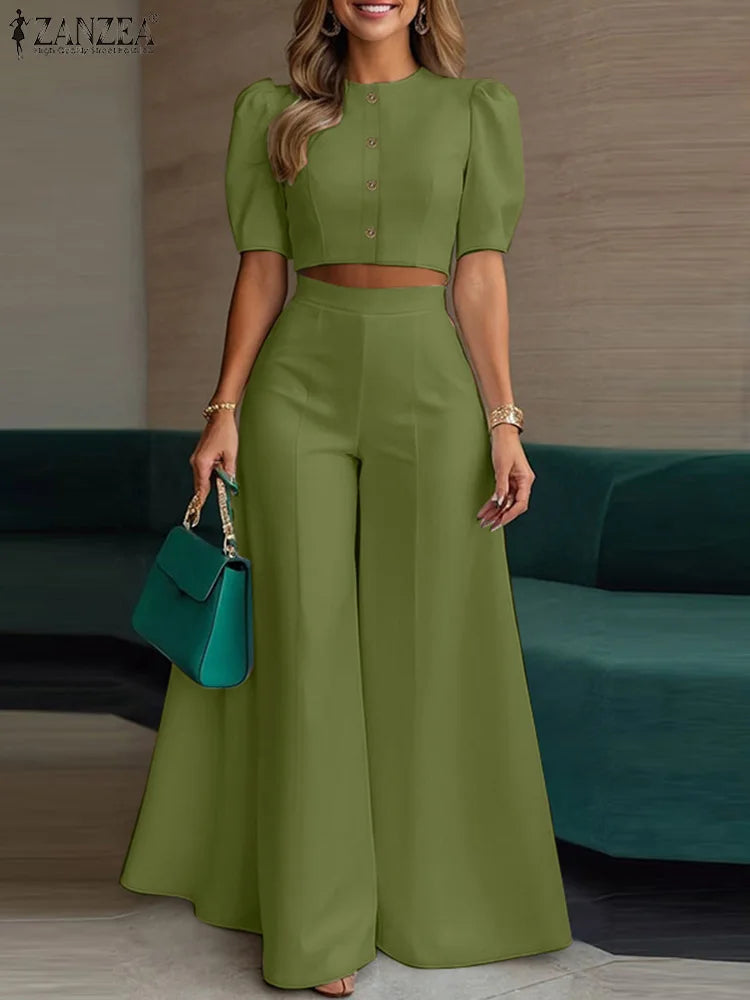 BS -  rue mode femme 2 pièces ensembles élégant manches courtes bouffantes haut court pantalon à jambes larges 2 pièces tenue élégant bureau pantalon ensembles