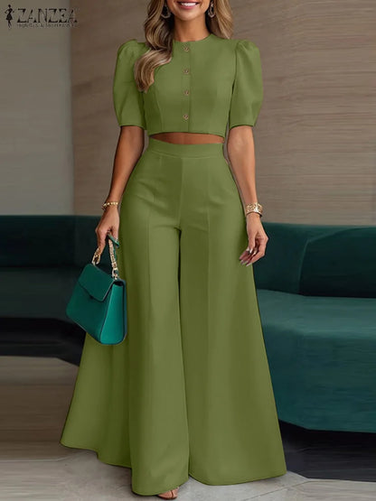 BS -  rue mode femme 2 pièces ensembles élégant manches courtes bouffantes haut court pantalon à jambes larges 2 pièces tenue élégant bureau pantalon ensembles