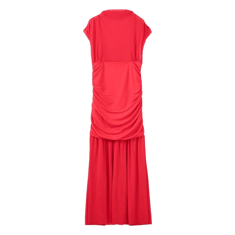 Robe longue de soirée plissée rouge Chic, élégante, manches volantes, maille, Patchwork, Maxi, vacances d'été, plage