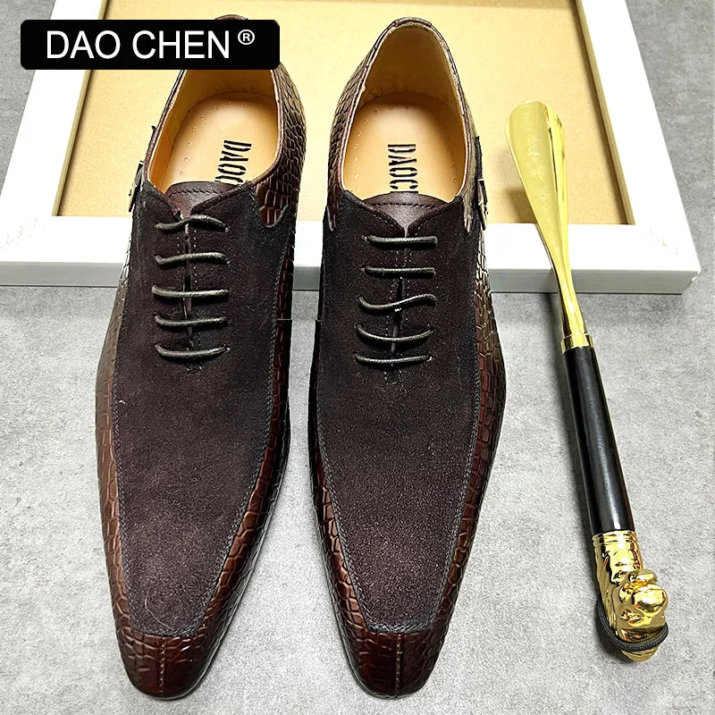 Hommes de luxe Oxford chaussures à lacets bout fendu noir marron hommes chaussures habillées daim Patchwork Crocodile imprime chaussures en cuir hommes