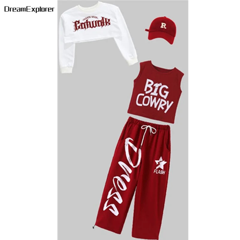 Filles K-pop haut court mode lettres Sport Joggers pantalon fille groupe vêtements ensembles enfants Hip Hop Streetwear enfants Jazz Costumes
