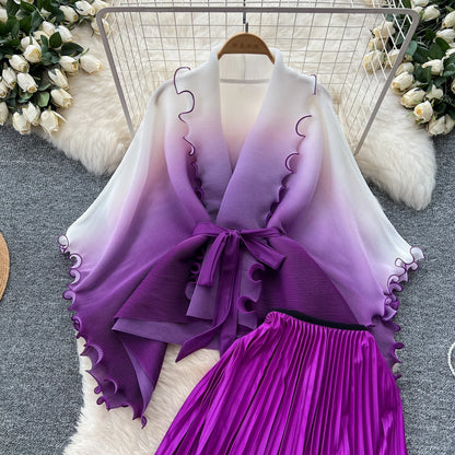 Miyake pli changement progressif couleur bord ondulé costume soleil jupe plissée à la mode et élégant deux pièces ensembles tenues pour femmes