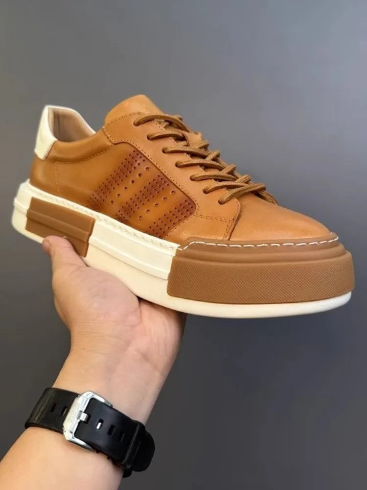 Hommes chaussures en cuir véritable à lacets couleurs mélangées plate-forme chaussures Hip Hop respirant espadrilles décontractées hommes bout rond chaussures d'entraînement