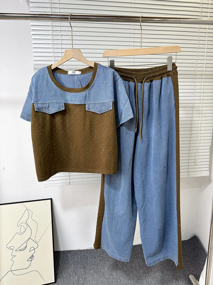 Ensemble deux pièces en Denim pour femmes, ensemble pantalon assorti, Streetwear Y2k, décontracté, perçage à chaud, hauts, jambes larges, pantalons longs, taille haute, 2025