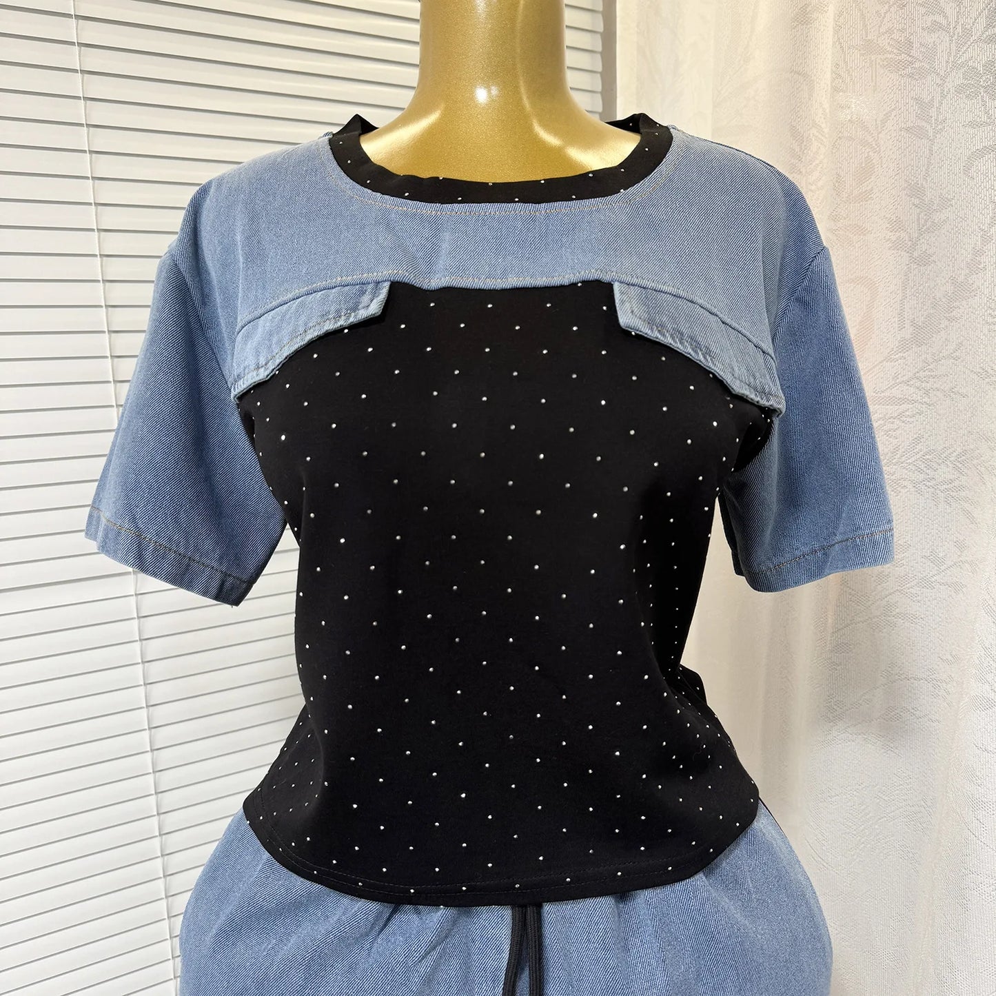 Ensemble deux pièces en Denim pour femmes, ensemble pantalon assorti, Streetwear Y2k, décontracté, perçage à chaud, hauts, jambes larges, pantalons longs, taille haute, 2025