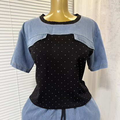 Ensemble deux pièces en Denim pour femmes, ensemble pantalon assorti, Streetwear Y2k, décontracté, perçage à chaud, hauts, jambes larges, pantalons longs, taille haute, 2025