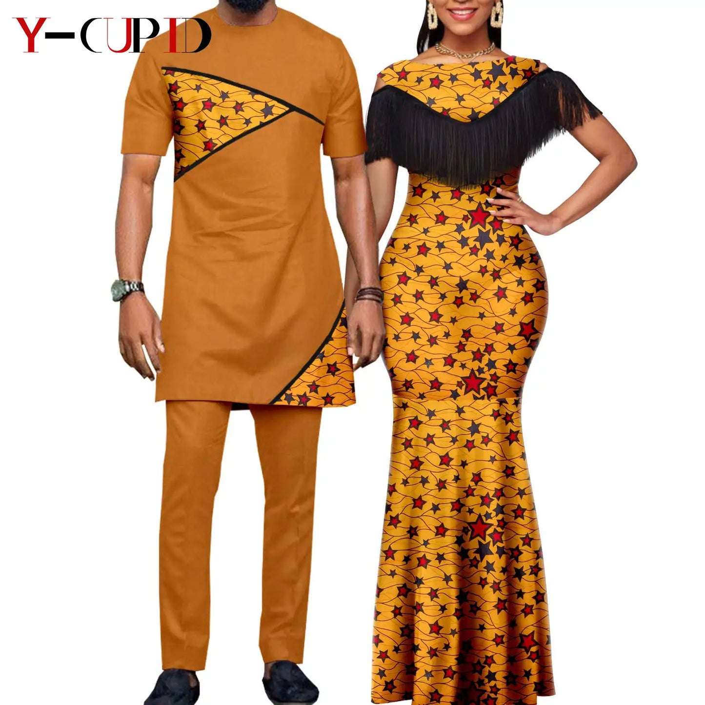 Robes africaines pour femmes, tenues de Couple assorties, Bazin Riche Dashiki, Slim, imprimé pompon, longues robes de fête Y23C009