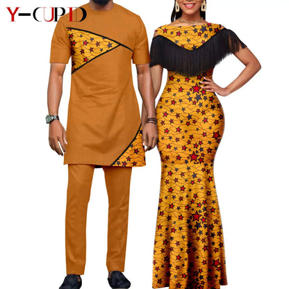 Robes africaines pour femmes, tenues de Couple assorties, Bazin Riche Dashiki, Slim, imprimé pompon, longues robes de fête Y23C009