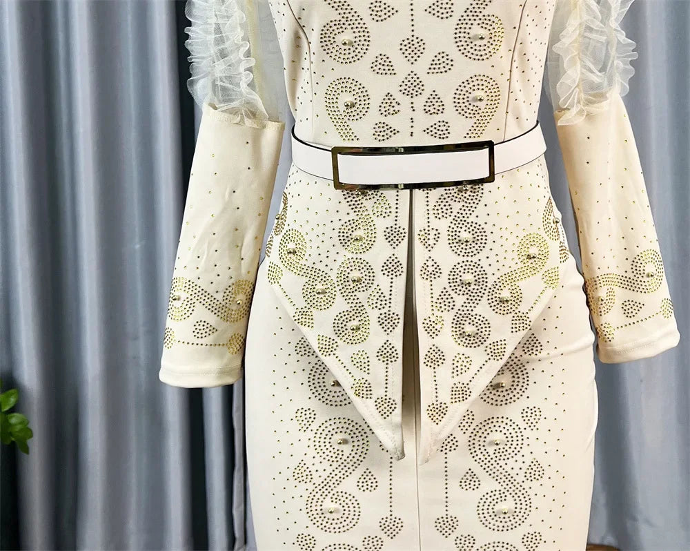 Robe longue africaine à col en v, ornée de strass, manches en maille à bulles, ajustée à la taille, fente latérale, offre spéciale